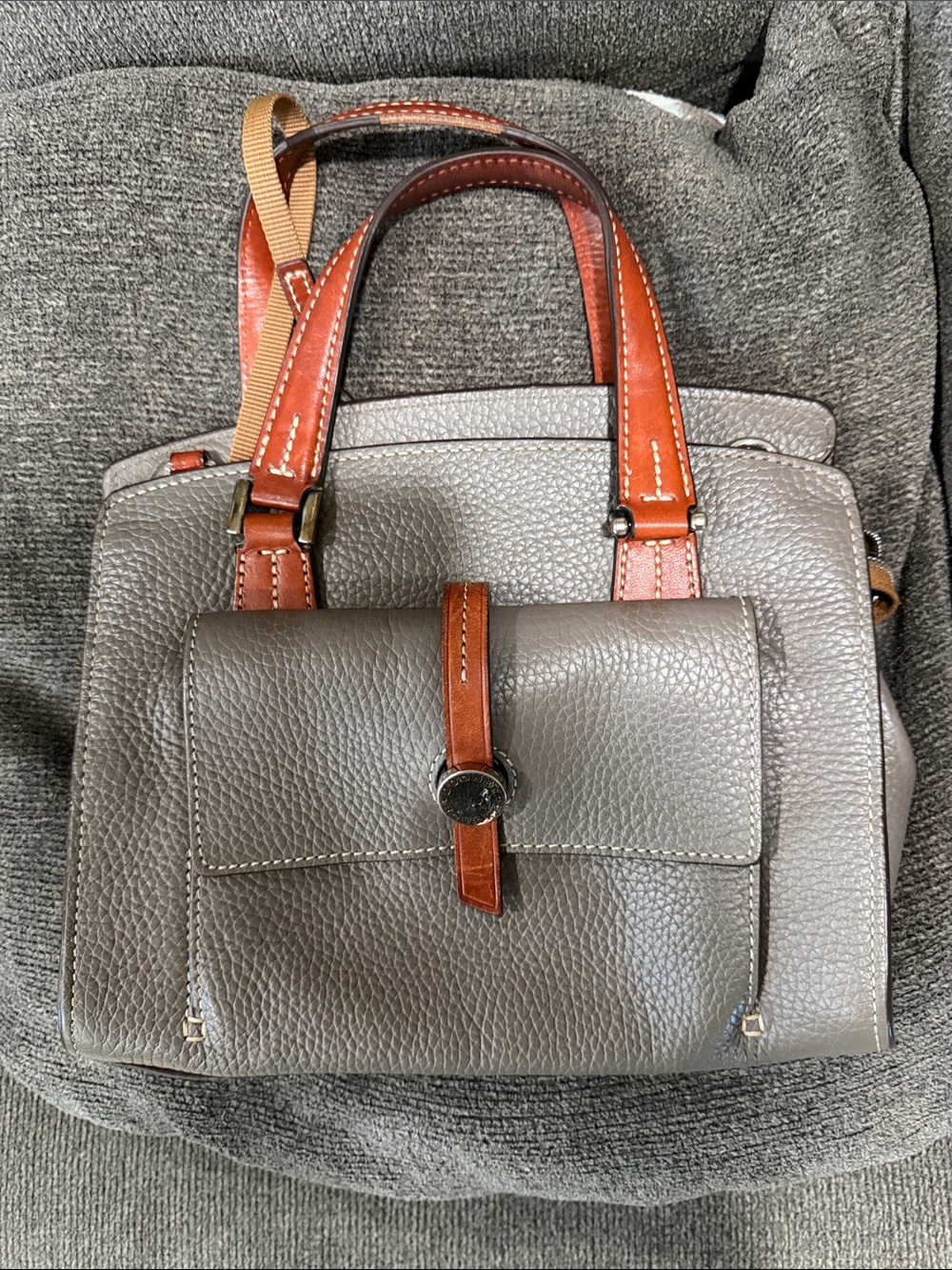 Dooney & Bourke Gray Leather Shoulder Bag with Brown Trim